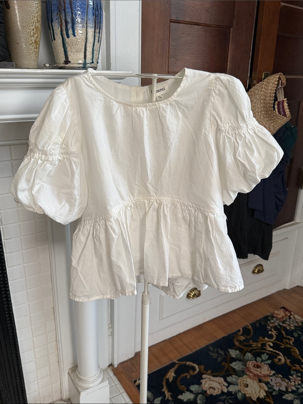 White Puff-Sleeve Peplum Top by &merci- worn once. 65 retail